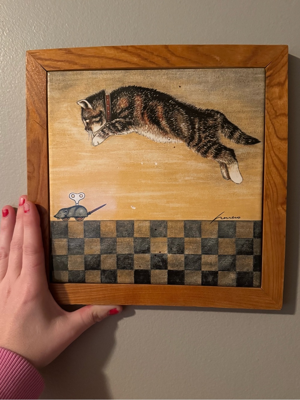 Vintage 1982 Lowell Herrero Framed Tile Art Cat Pouncing On Mouse - Picture 4 of 7